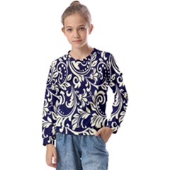 Blue Floral Tribal Kids  Long Sleeve Tee With Frill 