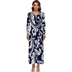 Blue Floral Tribal Long Sleeve Velour Longline Maxi Dress by ConteMonfrey