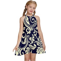 Blue Floral Tribal Kids  Halter Collar Waist Tie Chiffon Dress by ConteMonfrey