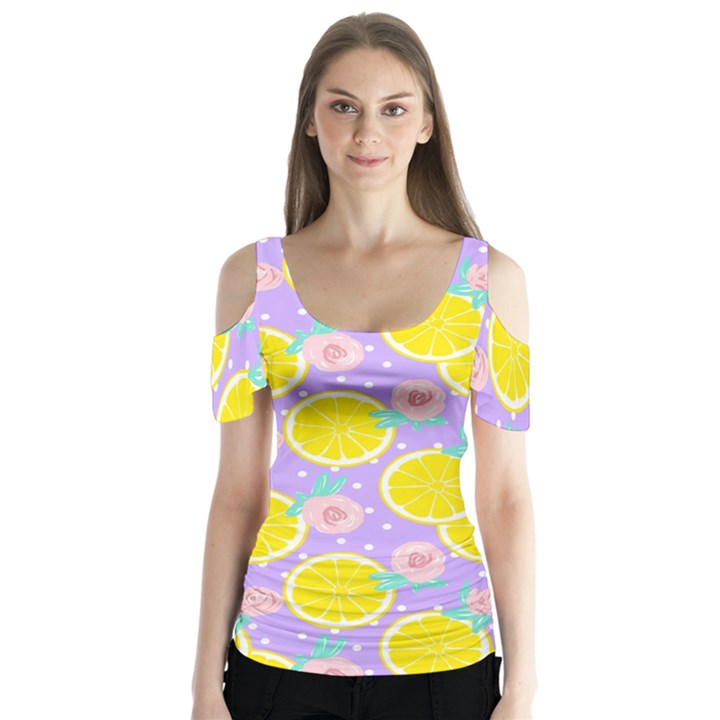 Purple lemons  Butterfly Sleeve Cutout Tee 