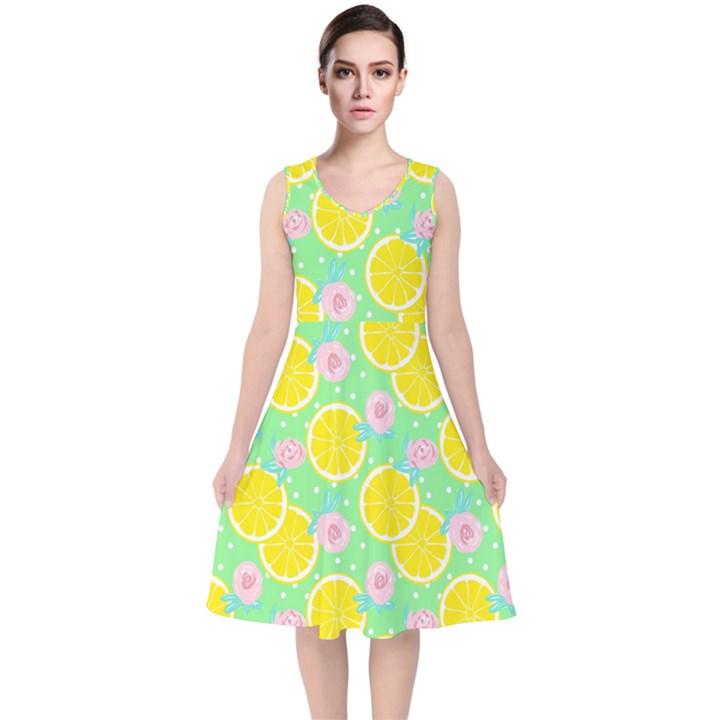 Green lemons V-Neck Midi Sleeveless Dress 