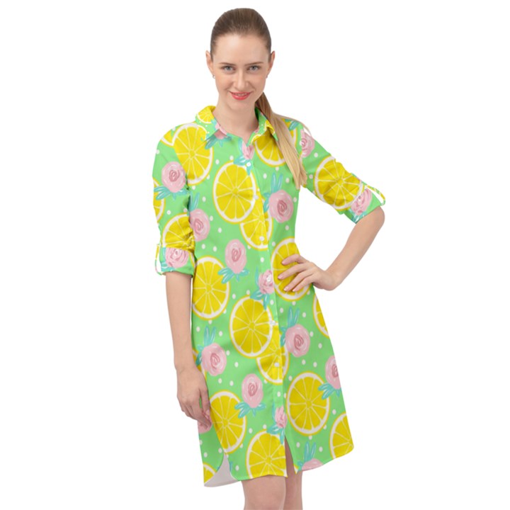 Green lemons Long Sleeve Mini Shirt Dress