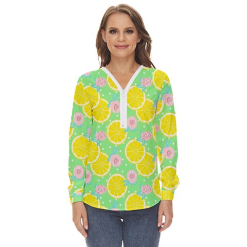 Green Lemons Zip Up Long Sleeve Blouse by ConteMonfrey