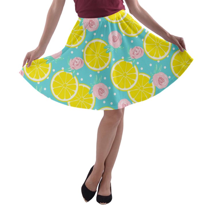 Blue neon lemons A-line Skater Skirt