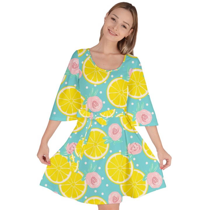 Blue neon lemons Velour Kimono Dress