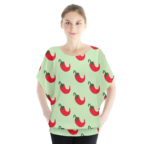 Small Mini Peppers Green Batwing Chiffon Blouse by ConteMonfrey