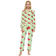 Small Mini Peppers Green Womens  Long Sleeve Velvet Pocket Pajamas Set by ConteMonfrey