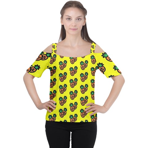 Yellow Background Pineapples Cutout Shoulder Tee by ConteMonfrey