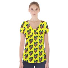 Yellow Background Pineapples Short Sleeve Front Detail Top by ConteMonfrey