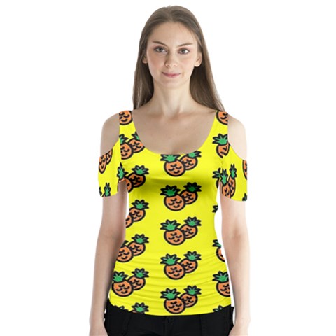 Yellow Background Pineapples Butterfly Sleeve Cutout Tee  by ConteMonfrey