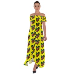 Yellow Background Pineapples Off Shoulder Open Front Chiffon Dress by ConteMonfrey