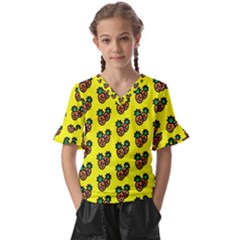 Yellow Background Pineapples Kids  V-neck Horn Sleeve Blouse by ConteMonfrey