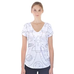 Going To Space - Cute Starship Doodle  Short Sleeve Front Detail Top by ConteMonfrey