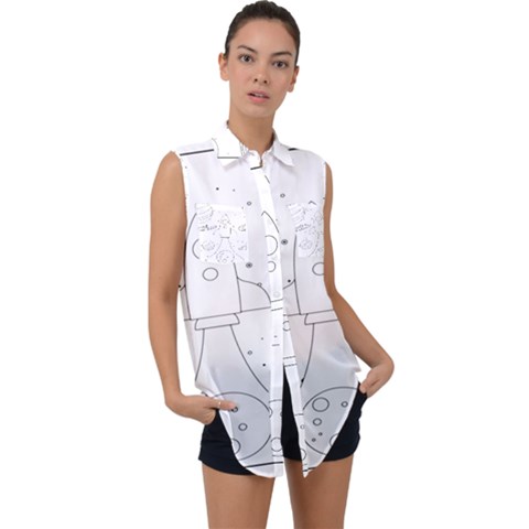 Going To Space - Cute Starship Doodle  Sleeveless Chiffon Button Shirt by ConteMonfrey