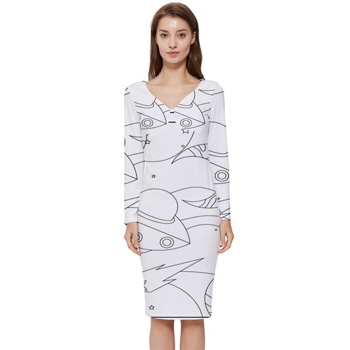 Starships Silhouettes - Space Elements Long Sleeve V-Neck Bodycon Dress 