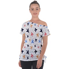 Sky birds - Airplanes Off Shoulder Tie-Up Tee