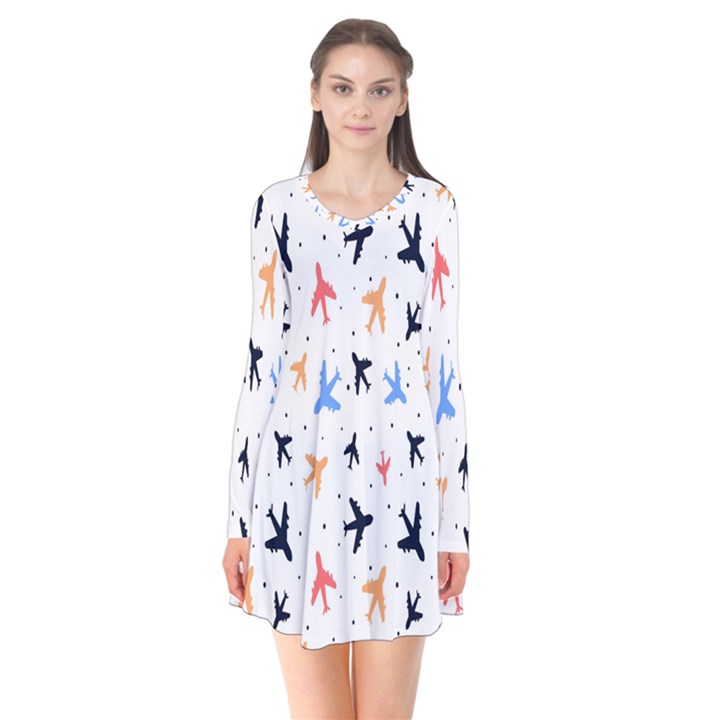 Sky birds - Airplanes Long Sleeve V-neck Flare Dress