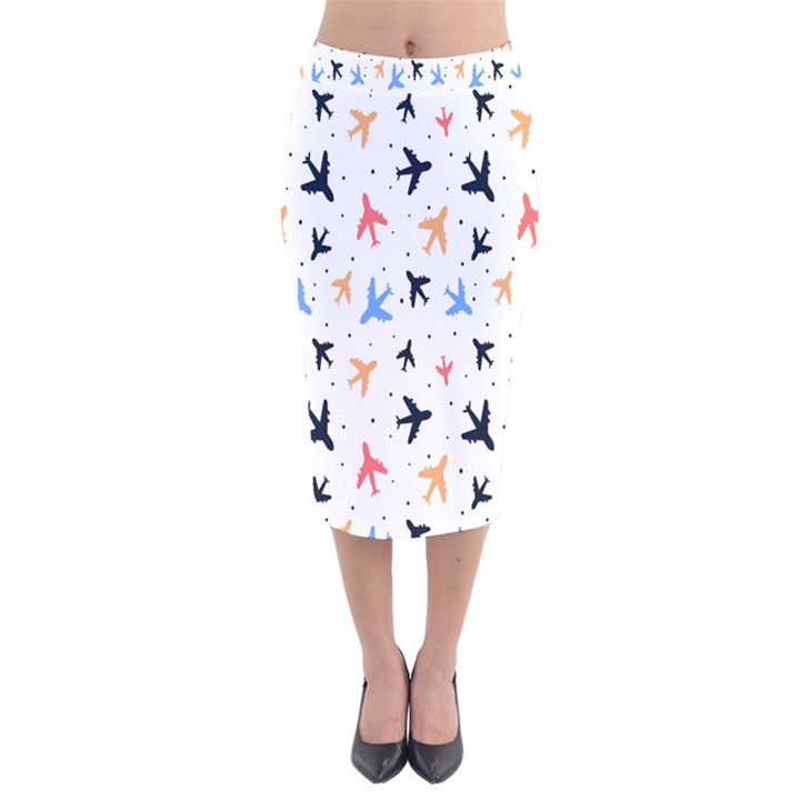 Sky birds - Airplanes Velvet Midi Pencil Skirt