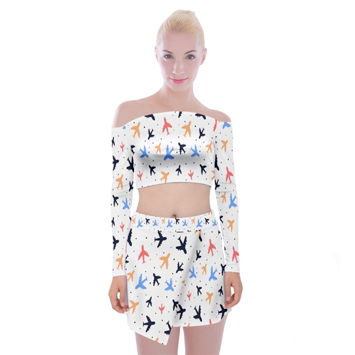 Sky birds - Airplanes Off Shoulder Top with Mini Skirt Set