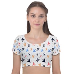 Sky birds - Airplanes Velvet Short Sleeve Crop Top 