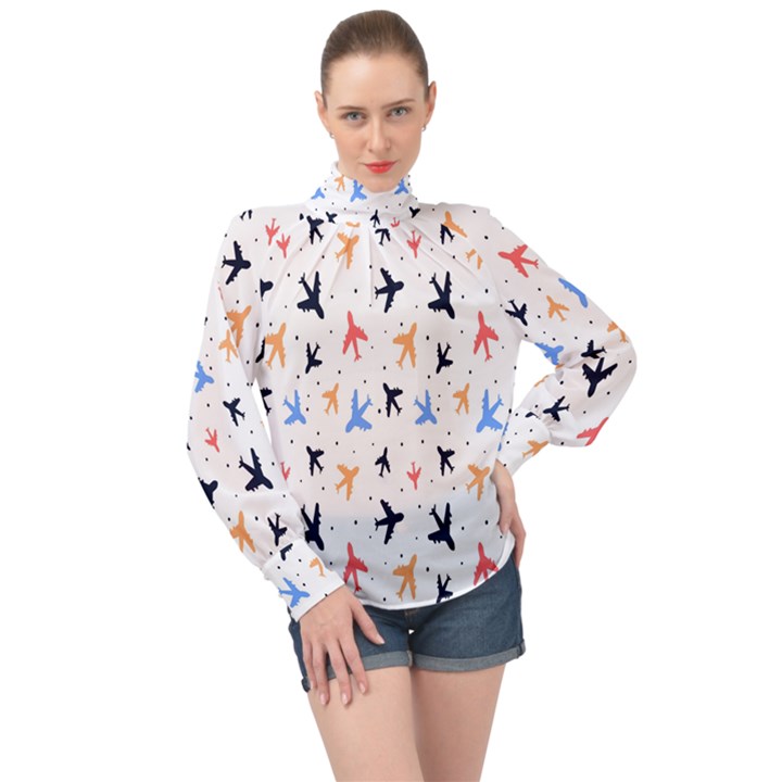 Sky birds - Airplanes High Neck Long Sleeve Chiffon Top