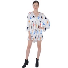 Sky birds - Airplanes V-Neck Flare Sleeve Mini Dress