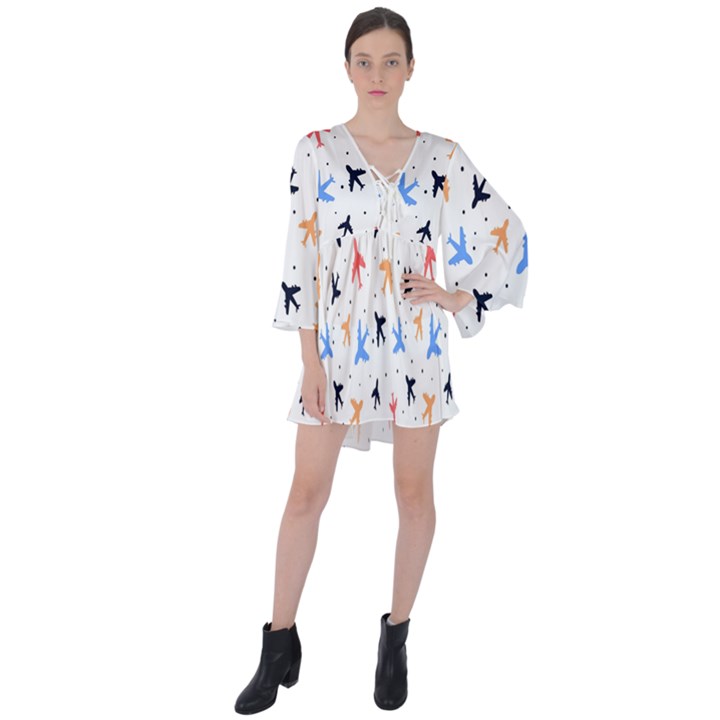 Sky birds - Airplanes V-Neck Flare Sleeve Mini Dress