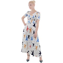 Sky birds - Airplanes Button Up Short Sleeve Maxi Dress