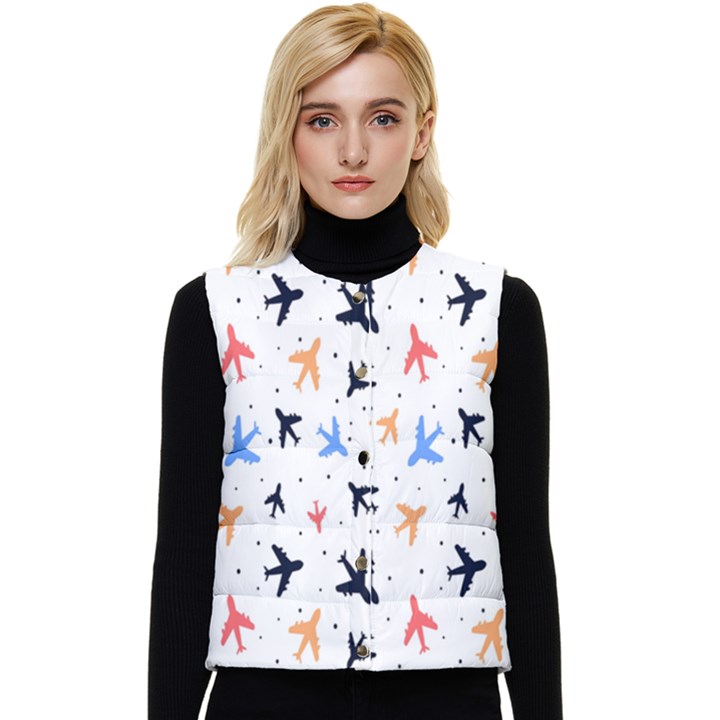 Sky birds - Airplanes Women s Short Button Up Puffer Vest