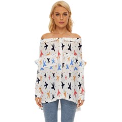 Sky birds - Airplanes Off Shoulder Chiffon Pocket Shirt