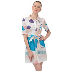 Hand-drawn-abstract-organic-shapes-background Belted Shirt Dress by Wegoenart