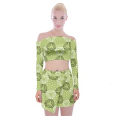 Pattern Green Off Shoulder Top With Mini Skirt Set by designsbymallika