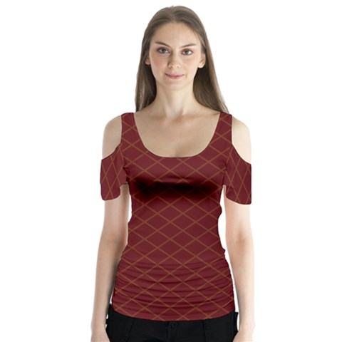 Diagonal Dark Red Small Plaids Geometric  Butterfly Sleeve Cutout Tee  by ConteMonfrey