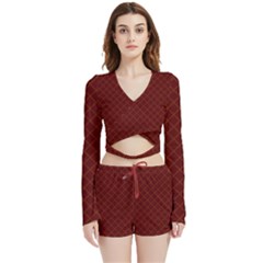 Diagonal Dark Red Small Plaids Geometric  Velvet Wrap Crop Top And Shorts Set by ConteMonfrey