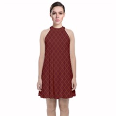 Diagonal Dark Red Small Plaids Geometric  Velvet Halter Neckline Dress  by ConteMonfrey