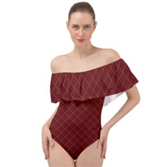 Diagonal Dark Red Small Plaids Geometric  Off Shoulder Velour Bodysuit  by ConteMonfrey