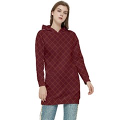 Diagonal Dark Red Small Plaids Geometric  Women s Long Oversized Pullover Hoodie by ConteMonfrey