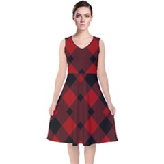 Red Diagonal Plaid Big V-neck Midi Sleeveless Dress  by ConteMonfrey