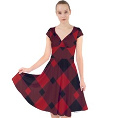 Red Diagonal Plaid Big Cap Sleeve Front Wrap Midi Dress by ConteMonfrey