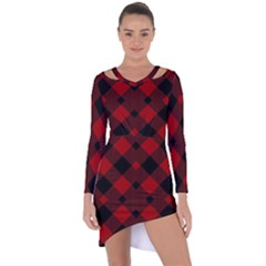 Red Diagonal Plaid Big Asymmetric Cut-out Shift Dress by ConteMonfrey