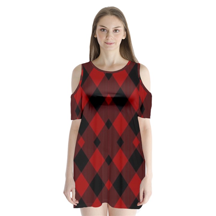 Red Diagonal Plaid Big Shoulder Cutout Velvet One Piece