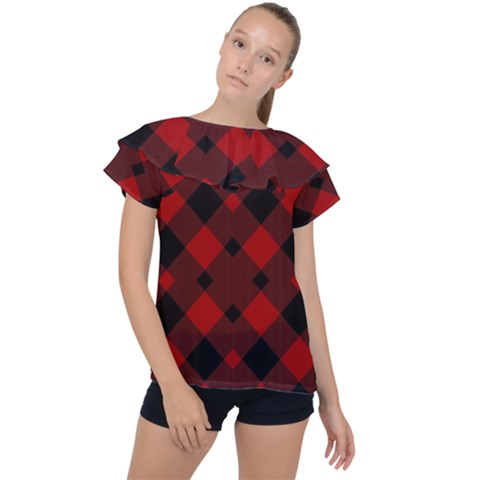 Red Diagonal Plaid Big Ruffle Collar Chiffon Blouse by ConteMonfrey