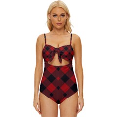 Red Diagonal Plaid Big Knot Front One-piece Swimsuit by ConteMonfrey