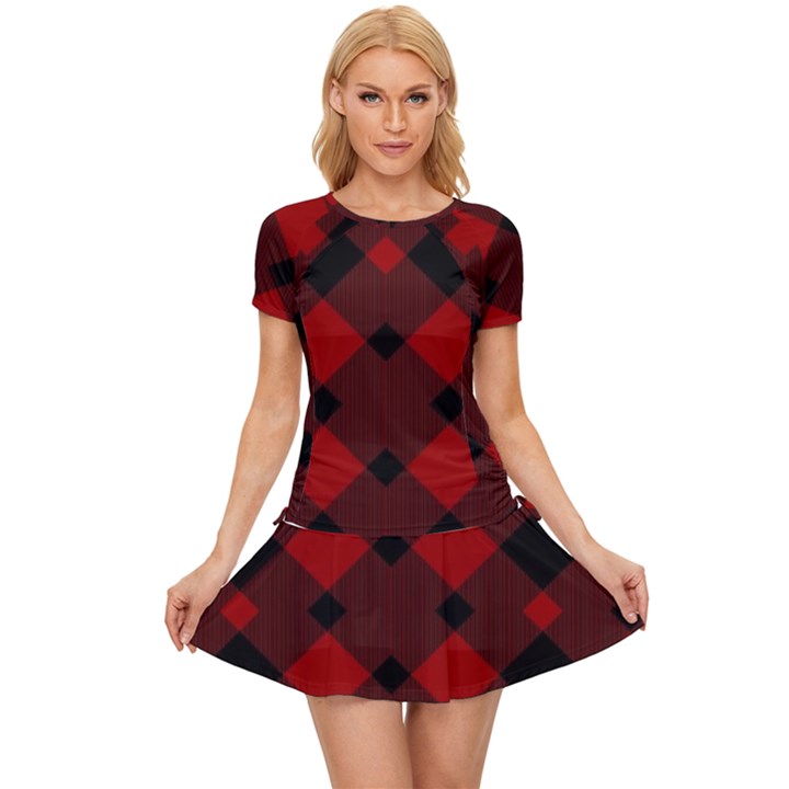 Red Diagonal Plaid Big Women s Sports Wear Set