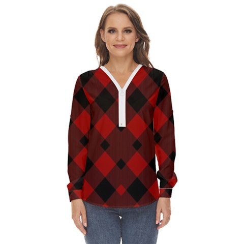 Red Diagonal Plaid Big Zip Up Long Sleeve Blouse by ConteMonfrey