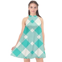 Diagonal Blue Torquoise Halter Neckline Chiffon Dress  by ConteMonfrey