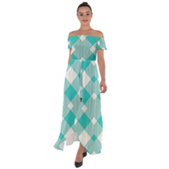 Diagonal Blue Torquoise Off Shoulder Open Front Chiffon Dress by ConteMonfrey