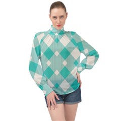 Diagonal Blue Torquoise High Neck Long Sleeve Chiffon Top by ConteMonfrey