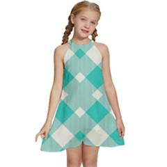 Diagonal Blue Torquoise Kids  Halter Collar Waist Tie Chiffon Dress by ConteMonfrey