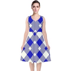 Blue Diagonal Plaids  V-neck Midi Sleeveless Dress  by ConteMonfrey